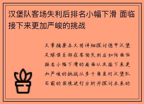 汉堡队客场失利后排名小幅下滑 面临接下来更加严峻的挑战