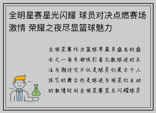 全明星赛星光闪耀 球员对决点燃赛场激情 荣耀之夜尽显篮球魅力