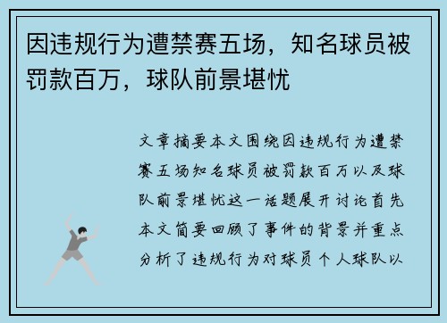 因违规行为遭禁赛五场，知名球员被罚款百万，球队前景堪忧