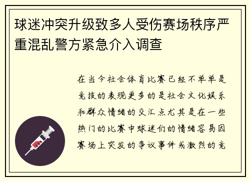 球迷冲突升级致多人受伤赛场秩序严重混乱警方紧急介入调查