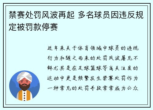 禁赛处罚风波再起 多名球员因违反规定被罚款停赛